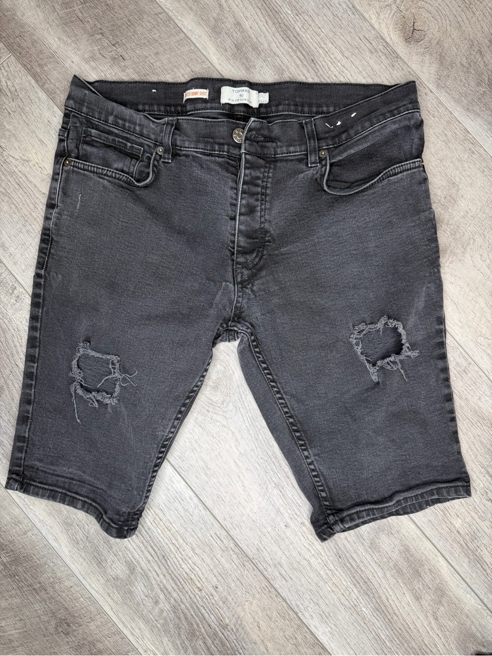 Topman Grey Black Distressed Denim Shorts